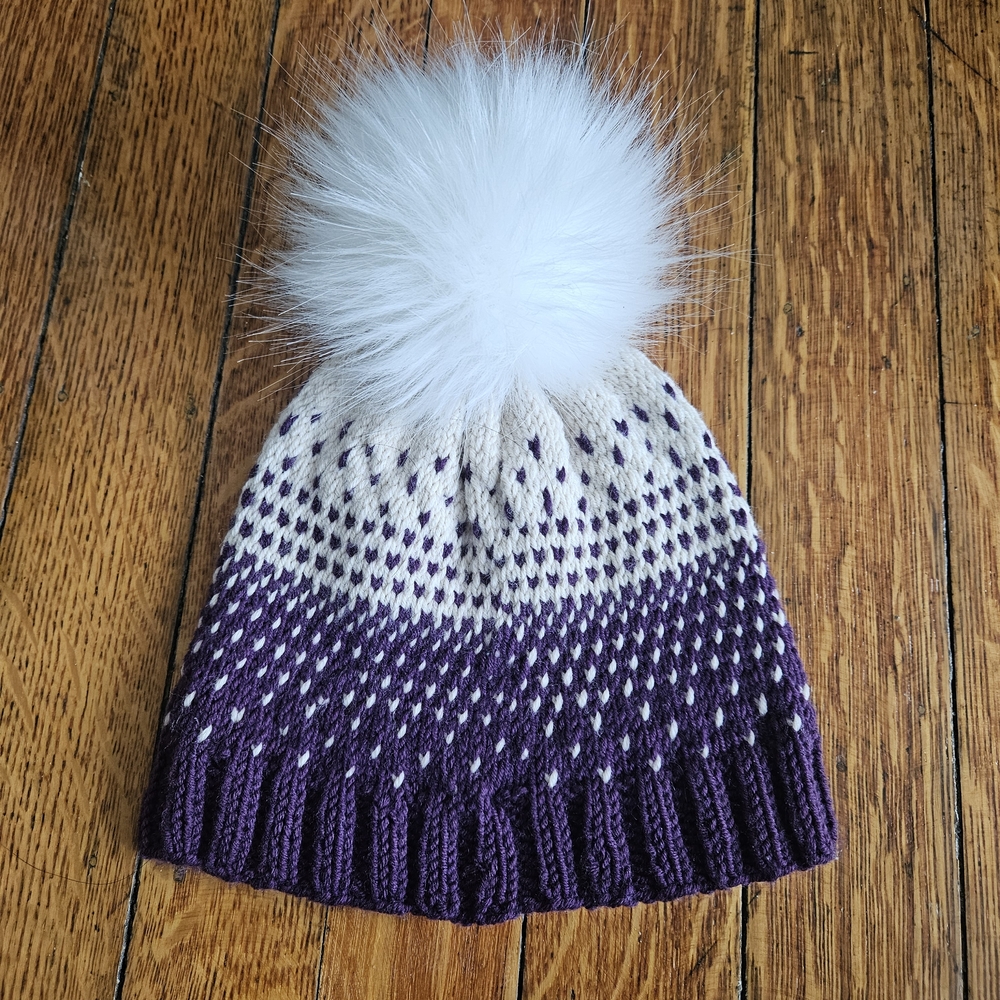Purple and Cream Hand Knit Beanie White Pom-Pom 100% Merino Wool Handmade Cozy